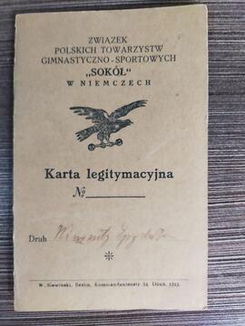 Karta legitymacyjna Związku Polskich Towarzystw Sportowych "Sokół" w Niemczech [wystawiona na Wincenty Spychała]