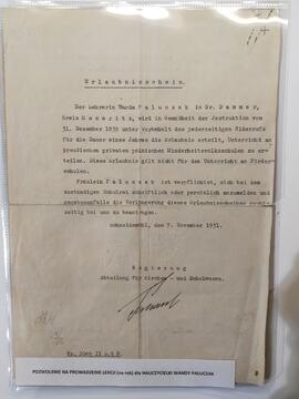 [Pozwolenie na nauczanie w prywatnych szkołach elementarnych mniejszości polskiej dla nauczycielki Wandy Paluczak]