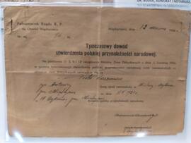 Tymczasowy dowód stwierdzenia polskiej przynależności narodowej oraz decyzja stwierdzająca polską przynależność narodową [wystawione na Piotr Kaczmarek]