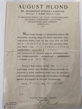 [Udzielnie misji kanonicznej do nauczania religii w szkole Pani Wandzie Pałuszakównie]