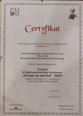 Certyfikat - Polska Agencja Informacji i Inwestycji Zagranicznych na temat zakwalifikowanie do drugiego etapu 2. ogólnopolskiego konkursu Grunt na medal 2007