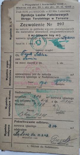 Zezwolenie na nabycie za gotówkę w/g cen obowiązujących dla materiałów drzewnych wydane przez Dyrekcję Lasów Państwowych w Toruniu