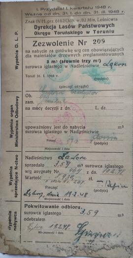 Zezwolenie na nabycie za gotówkę w/g cen obowiązujących dla materiałów drzewnych wydane przez Dyrekcję Lasów Państwowych w Toruniu